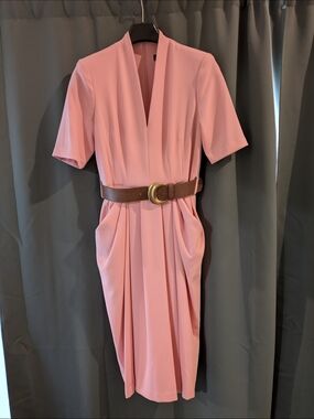 Donna Karan Soft Pink V-Neck Midi Dress with Brown Belt